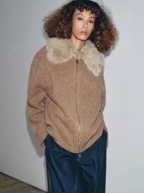 Zara 100% Wool Faux Fur Lapel Jacket Heavy Sweater Cardigan Toffee Size L-XL NWT